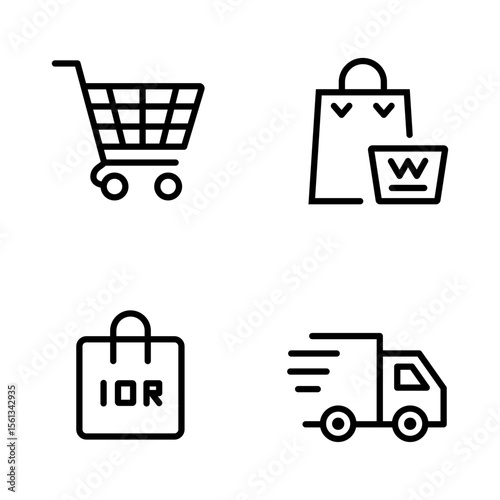Set of four simple black outline icons representing online shopping and delivery services