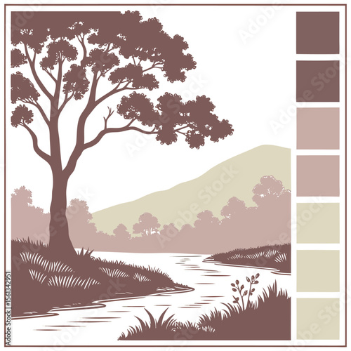 Illustration of a tree by a river with a mountain in the background and color swatches on the side
