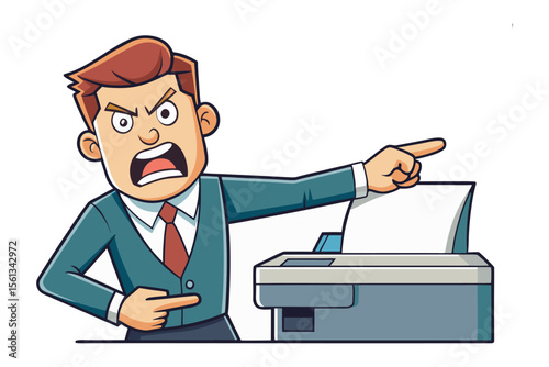 Frustration with Office Equipment: A disgruntled figure confronts a malfunctioning printer, showcasing the annoyance and frustration often associated with technological glitches in an office setting.