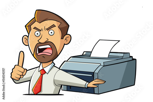 Frustration with the Printer: A disgruntled employee reacts to a malfunctioning printer, capturing the common office frustration and technical challenge in a straightforward visual