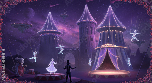 Cosmic Circus Fantasy Illustration of Aerialists Performing in a Mystical Castle Setting