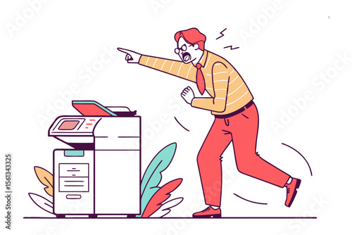 Angry Office Worker and Broken Printer: An illustration of a frustrated office worker yelling at a malfunctioning printer, expressing the common workplace frustration of technical difficulties.