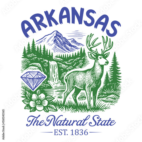 Arkansas The Natural State - Us States Cityscape T-shirt Vector, American State Cityscape Illustration, Vintage State Cityscape Shirt, States Landmark Quotes Typography