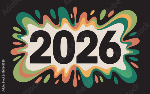 Vibrant 2026 New Year Illustration Groovy Retro Design with Flowing Abstract Shapes and Earthy Color Palette on Dark Background