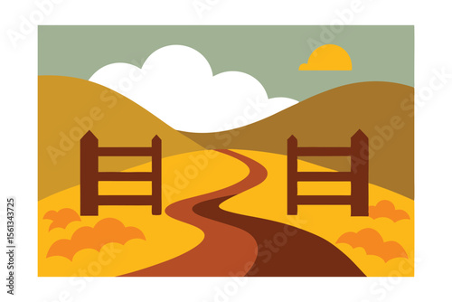 Serene Autumn Countryside Rolling Hills, Winding Road, and Rustic Wooden Fences
