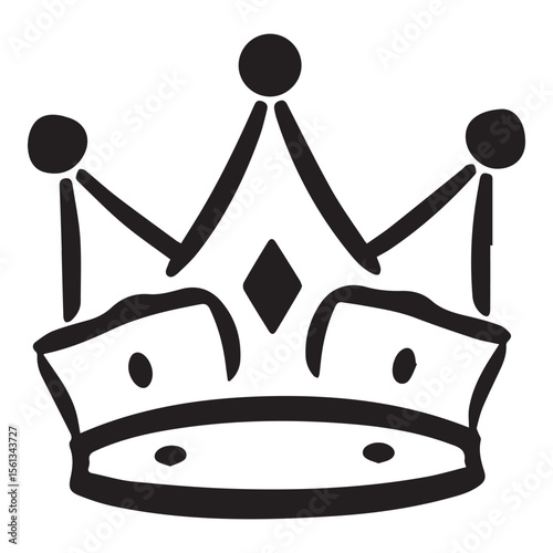 Simple black hand drawn crown icon with three points and a diamond shape in the center on white background
