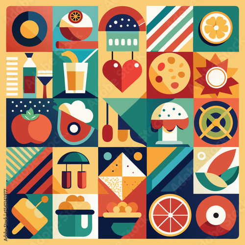 Abstract geometric pattern of farm food. Stylized poster with fruit and vegetables. Agriculture plants in cubism style. Contemporary art of healthy, natural, organic products. Flat vector illustration