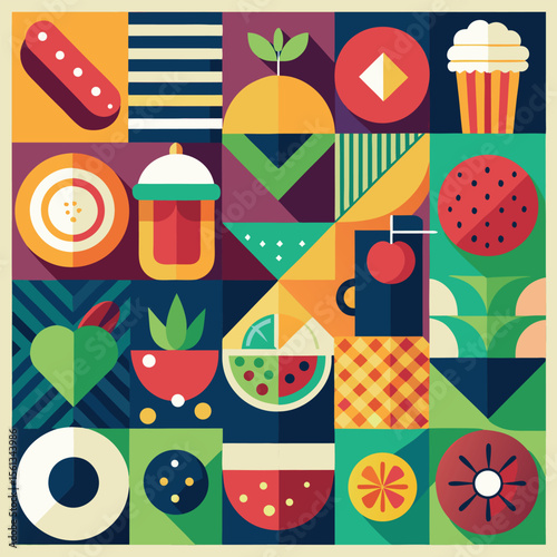 Abstract geometric pattern of farm food. Stylized poster with fruit and vegetables. Agriculture plants in cubism style. Contemporary art of healthy, natural, organic products. Flat vector illustration