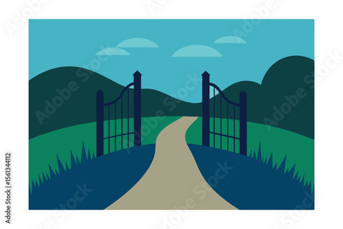 Serene Pathway Open Gates Leading to Tranquil Landscape