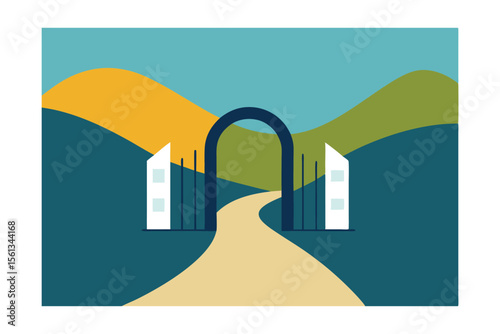 Serene Hilltop Gateway A Tranquil Landscape Illustration