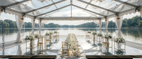 Floating glass platform wedding tent over a lake with mirrored tables and sleek floral runners.

