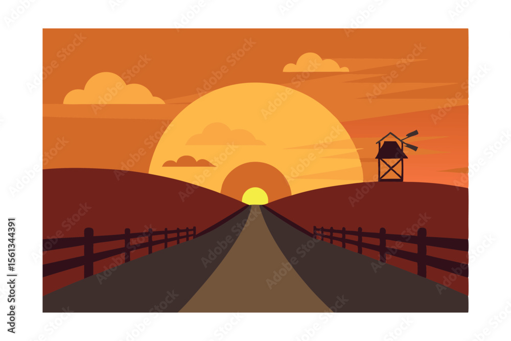 Fototapeta premium Sunset Country Road Serene Farmland Landscape at Golden Hour
