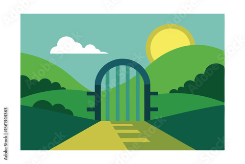 Serene Landscape Open Gate to Rolling Hills and Sunny Meadow