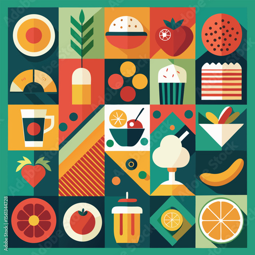 Abstract geometric pattern of farm food. Stylized poster with fruit and vegetables. Agriculture plants in cubism style. Contemporary art of healthy, natural, organic products. Flat vector illustration