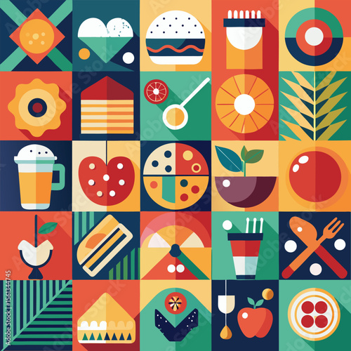 Abstract geometric pattern of farm food. Stylized poster with fruit and vegetables. Agriculture plants in cubism style. Contemporary art of healthy, natural, organic products. Flat vector illustration