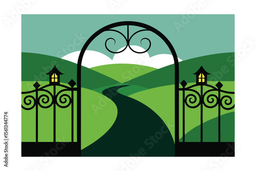 Winding Path to Serene Hills A Picturesque Gate Opens to Tranquil Landscape