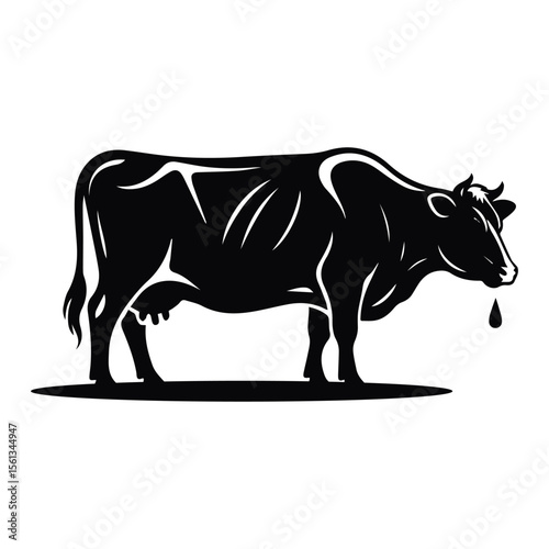 Monochrome Illustration of a Dairy Cow with a Single Dripping Milk Droplet Stands Calmly Profile View, ai generated