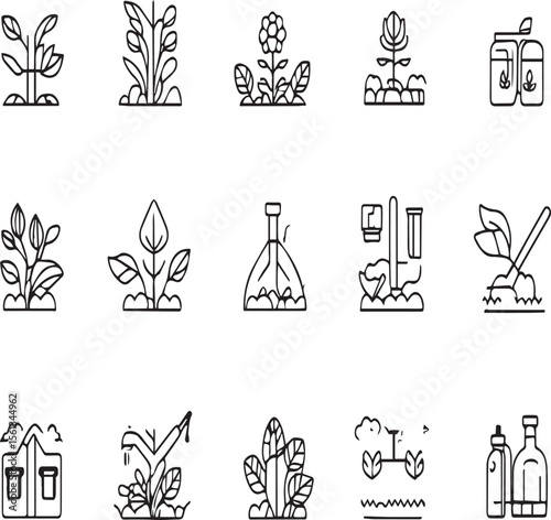 Line art icons depicting organic farming practices and sustainable agriculture methods in a grid layout