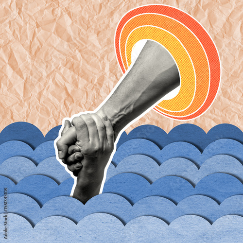 A creative collage artwork showing human hands, with one person helping another.