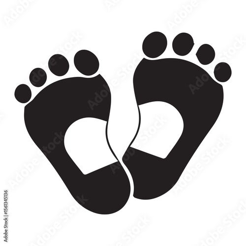 Simple black and white graphic illustration of two baby footprints with a heart shape cutout on a clean white background