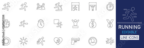 Minimal running and fitness line icon set. perfect for sports apps, marathon infographics, workout dashboards, and activity tracking UI. Fully editable vector icons.