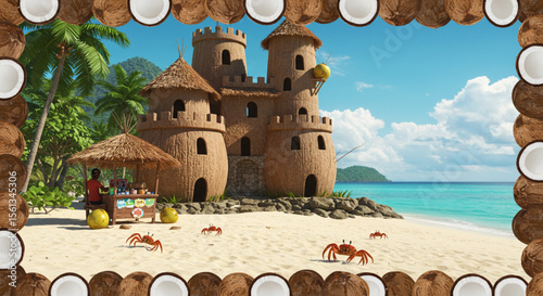 Tropical Island Coconut Castle Beachfront Paradise Illustration