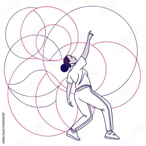 A woman in sportswear reaching up with overlapping circles in the background artistic illustration style