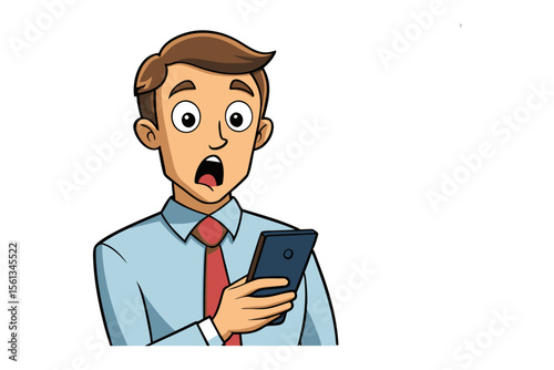 Shocked Man in Business Attire: A well-groomed man, wearing a crisp business shirt and tie, displays a look of astonishment while holding a smartphone, conveying a sense of surprise, urgency.