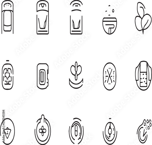 Collection of fifteen air purification related line art icons on a light gray background