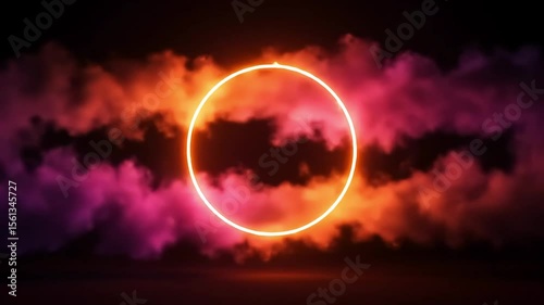 Neon Circle in Smoky Clouds Abstract Background