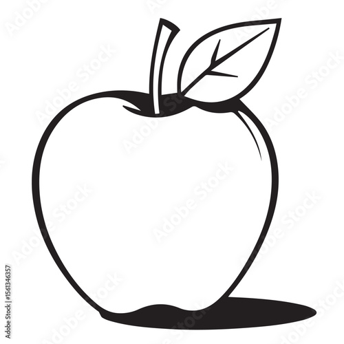 Simple black and white line art drawing of a fresh apple with a stem and leaf casting a shadow
