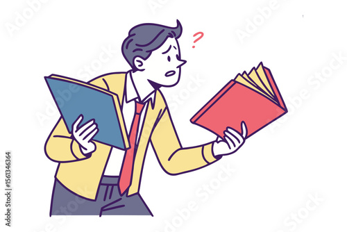 Doubtful Decision: A confused individual grapples with two different documents, his expression a mix of contemplation and uncertainty as he navigates a difficult decision