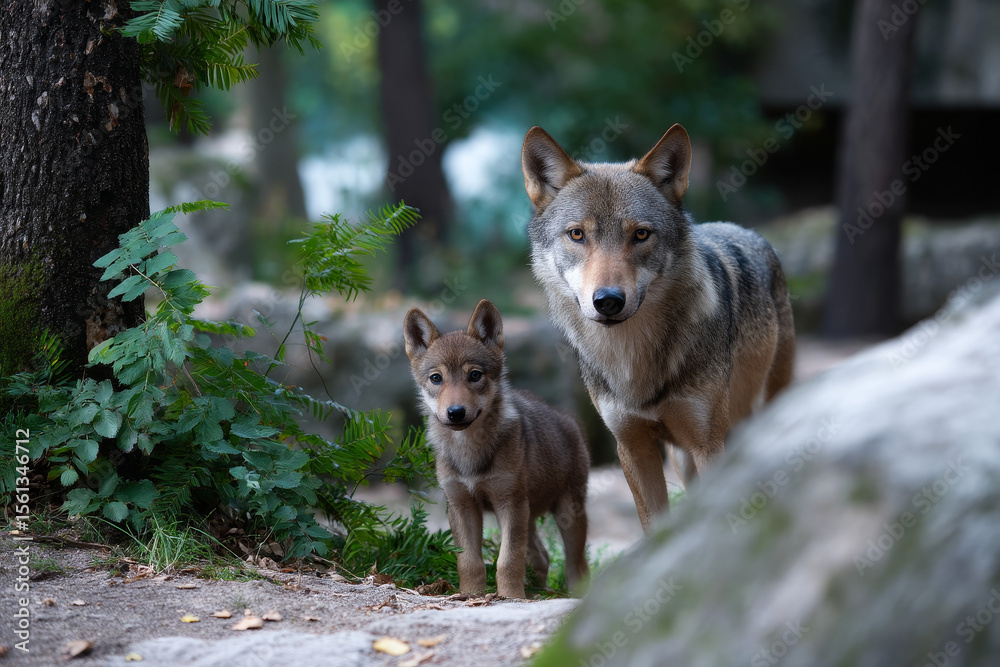 Naklejka premium a wolf with cub in the forest