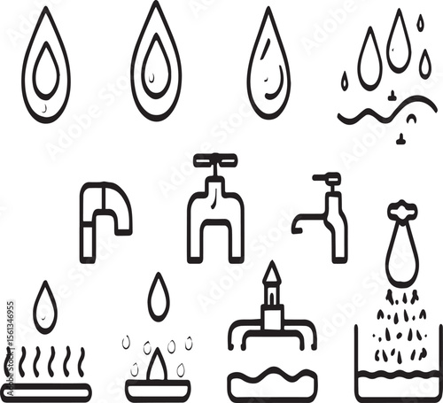 Collection of blue water drop icons including faucets and water sources on a white background