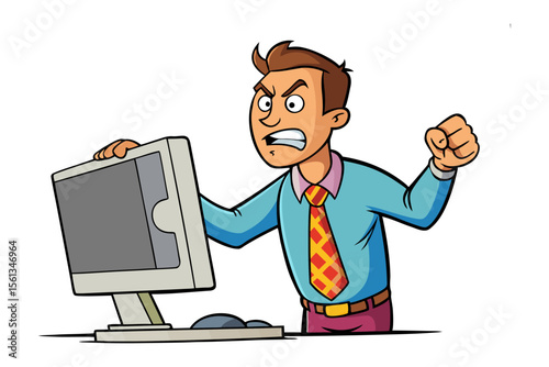 Frustrated at the Computer: An animated illustration depicts a man engulfed in a moment of intense frustration and anger towards the computer in front of him, with a clenched fist signifying his rage.
