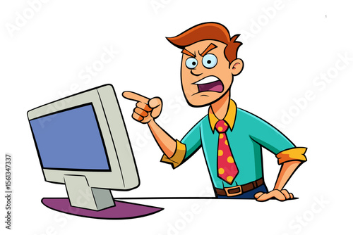 Frustrated with Tech: A person expresses visible anger and frustration towards a computer screen, conveying a sense of technological difficulties, stress, and digital challenges.