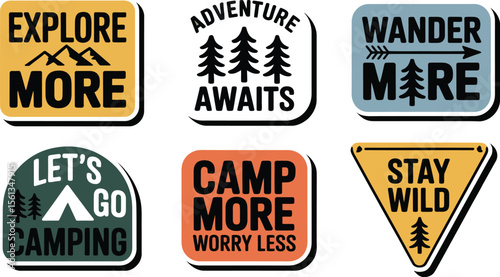 Camping adventure stickers set for outdoor exploration and wanderlust design