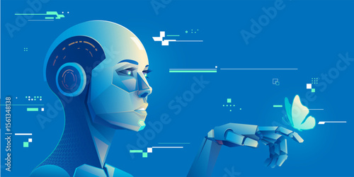 concept of machine learning or deep learning, character design of sexy artificial intelligence playing with butterfly presented with cyberpunk style
