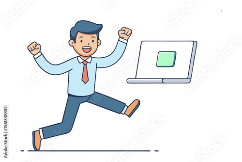 Digital Triumph: A vector-style illustration captures the elation of achieving goals, as a cheerful individual leaps with excitement near a laptop.