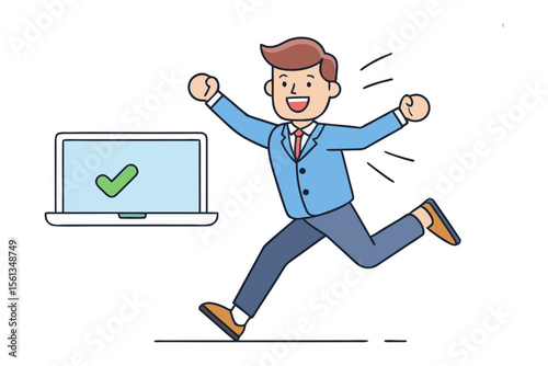 Digital Victory: A joyous businessperson sprints towards success, having achieved their goals, a vibrant illustration of ambition, progress, and the digital era.
