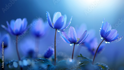 Delicate blue flowers rise above green foliage, adorned with droplets of morning dew, creating a romantic and tranquil atmosphere in the garden. Generative AI.