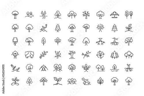 Collection of tree icons in outline style nature and forest concept