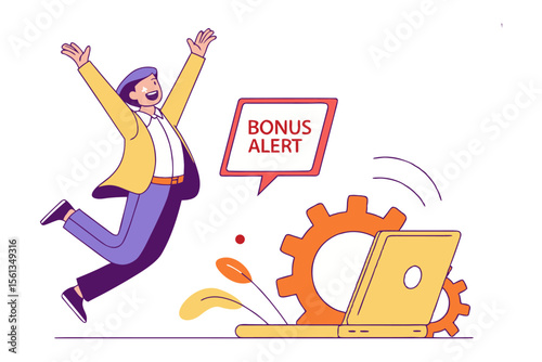 Bonus Alert: A joyful individual celebrates the positive notification displayed on a digital device, representing achievement and success in a virtual world. 