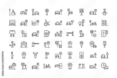 Parking and Transportation Icon Set in Outline Style for Web Design