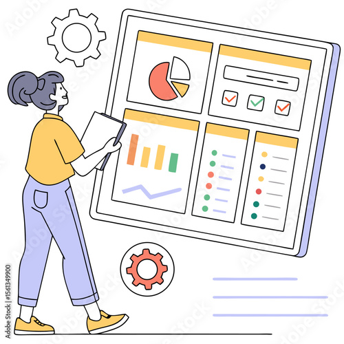 Woman analyzing dashboard with pie chart bar graph and checklist with gears and document in hand view