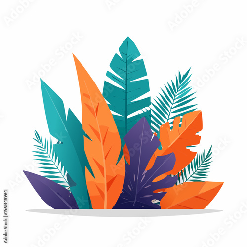 Stylized illustration of bold tropical plants in vibrant saturated hues