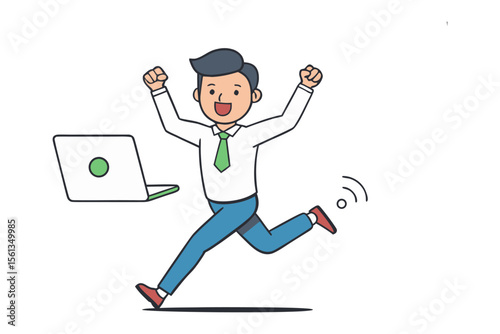 Digital Triumph: An elated figure celebrates a digital victory, exuding triumph and excitement alongside a modern laptop, symbolizing success in the digital realm.