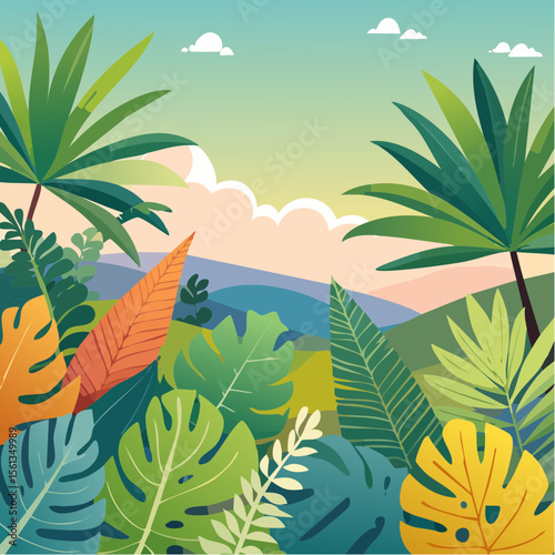 Stylized illustration of bold tropical plants in vibrant saturated hues