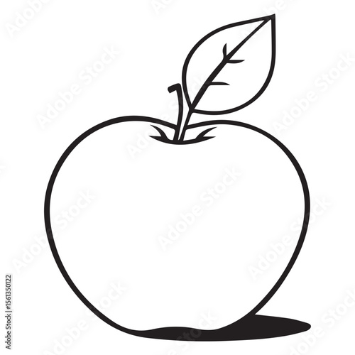 Simple black outline drawing of a single apple with a leaf on a white background with a shadow