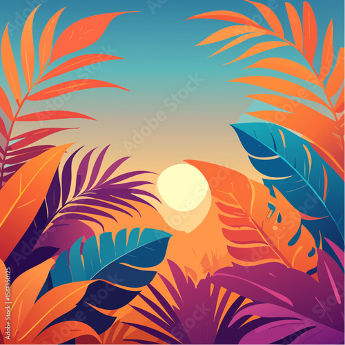Stylized illustration of bold tropical plants in vibrant saturated hues